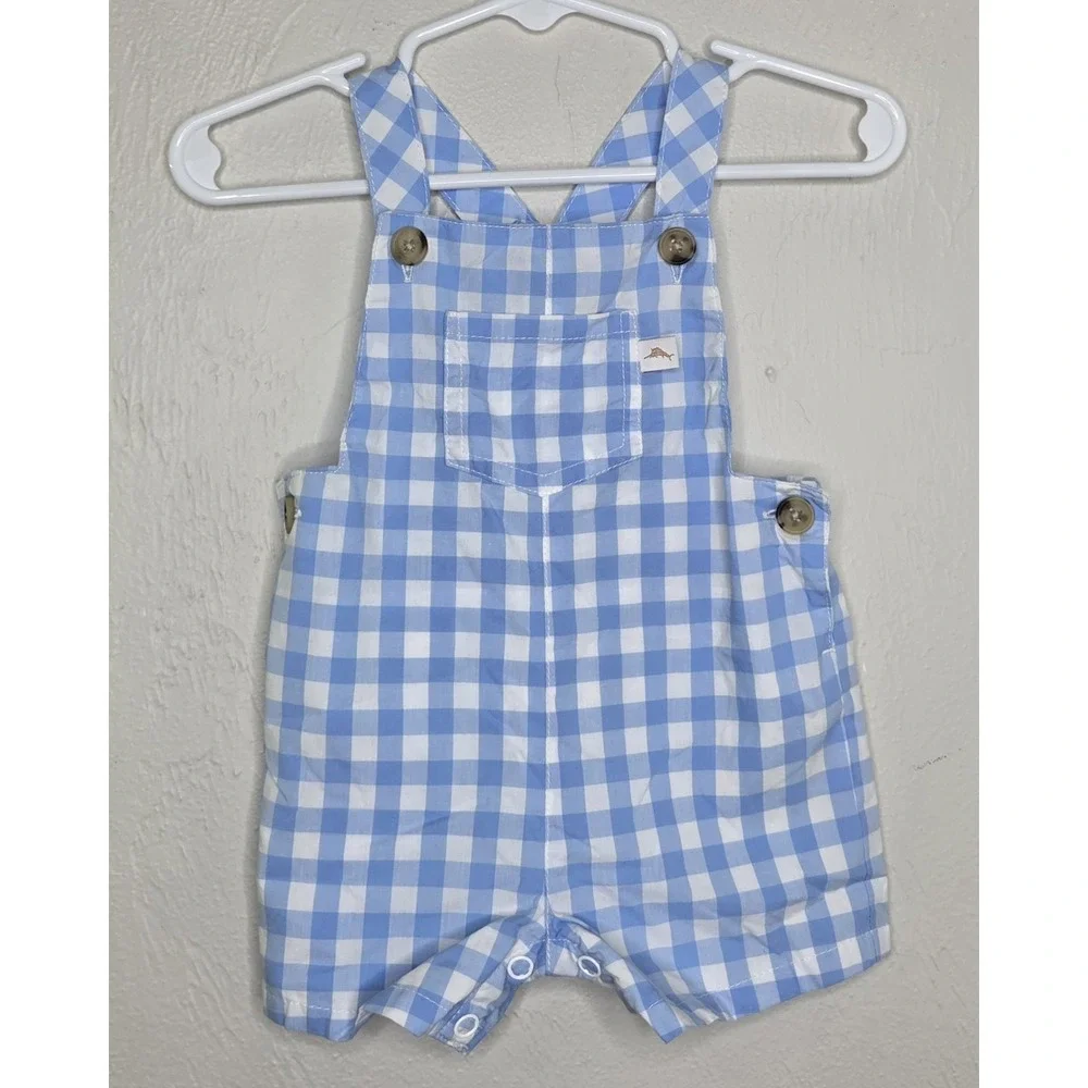 Tommy Bahama Boys 3-6 Months Blue White Checkered Overalls Preppy‎